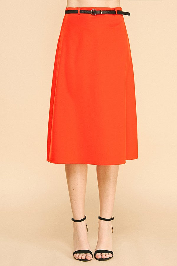 Satin Leather Buckle Belted Midi Skirt