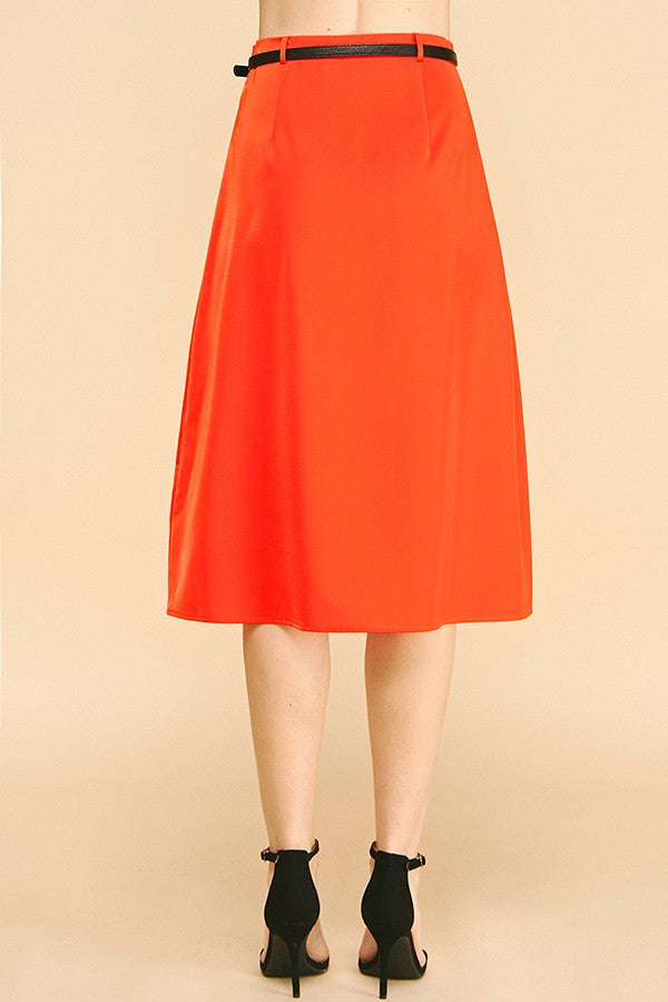 Satin Leather Buckle Belted Midi Skirt