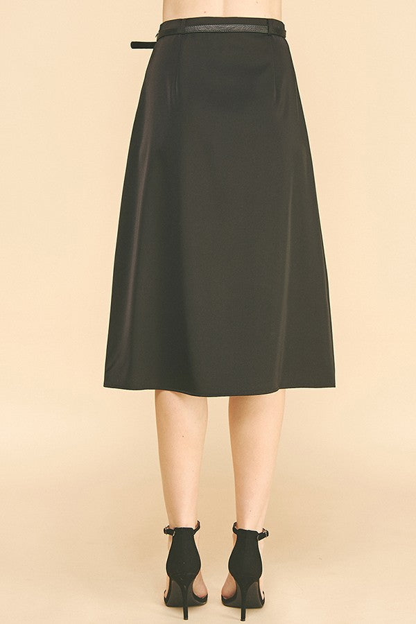 Satin Leather Buckle Belted Midi Skirt