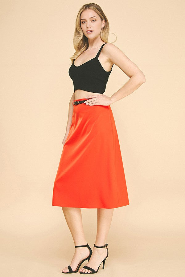 Satin Leather Buckle Belted Midi Skirt