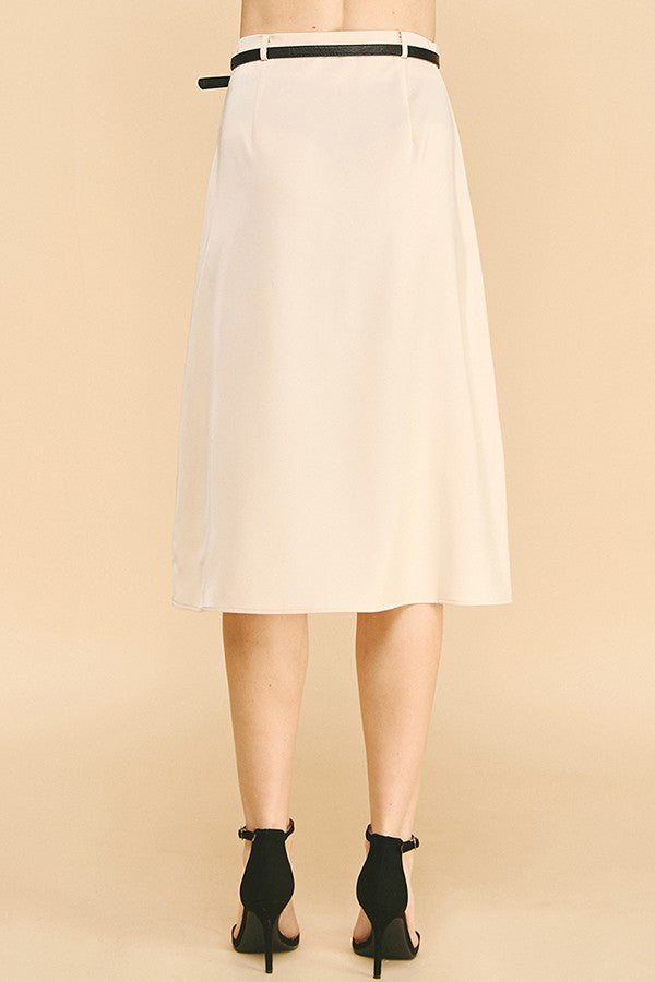 Satin Leather Buckle Belted Midi Skirt