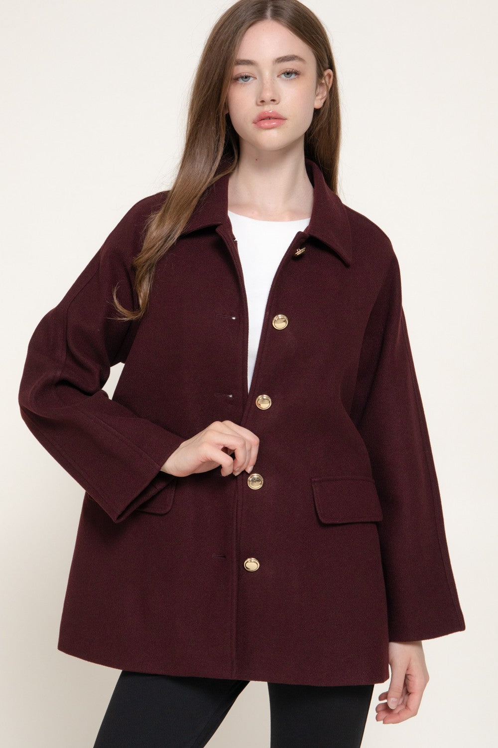 Long Sleeve Notched Collar Felt Coat