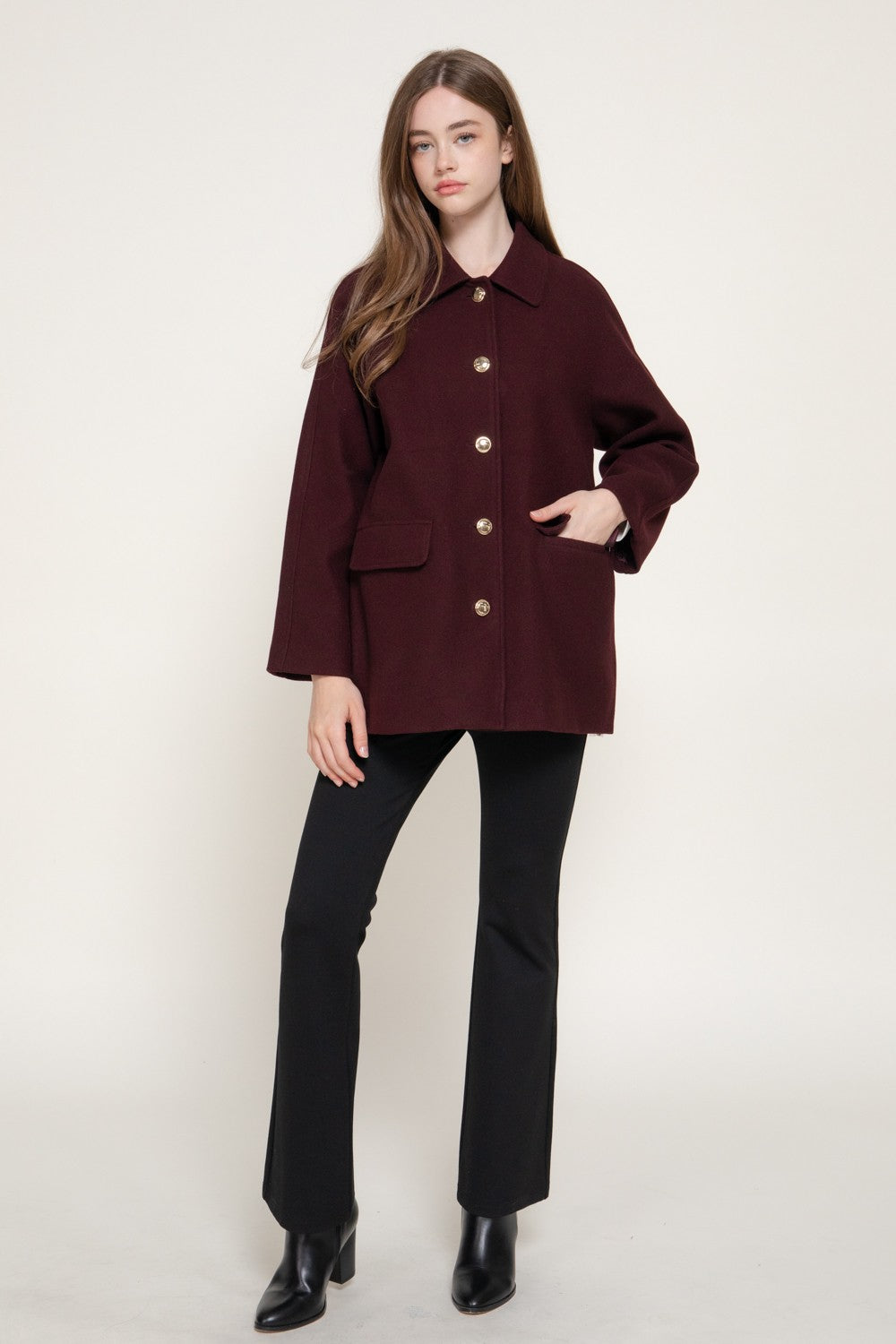Long Sleeve Notched Collar Felt Coat