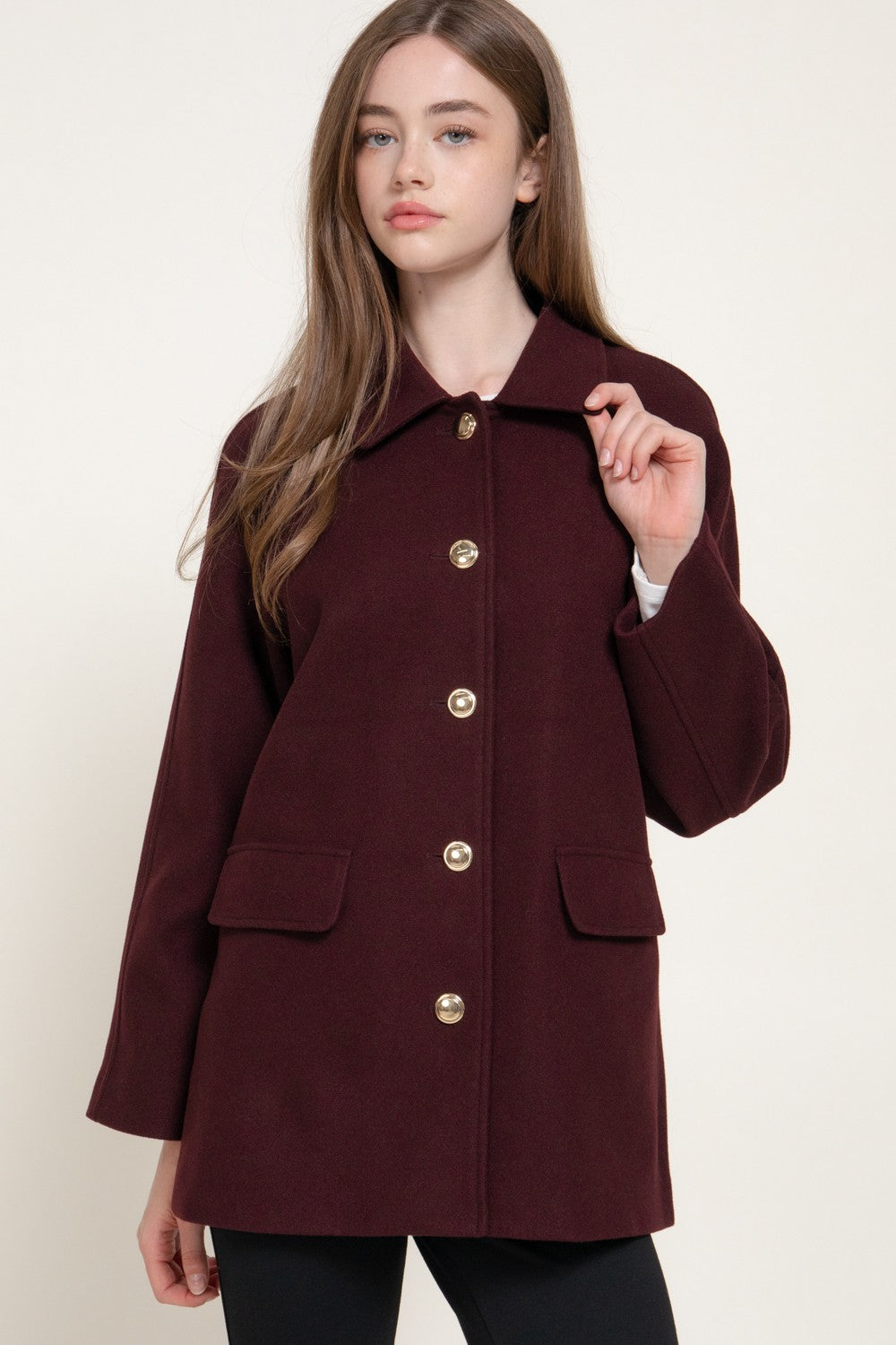 Long Sleeve Notched Collar Felt Coat