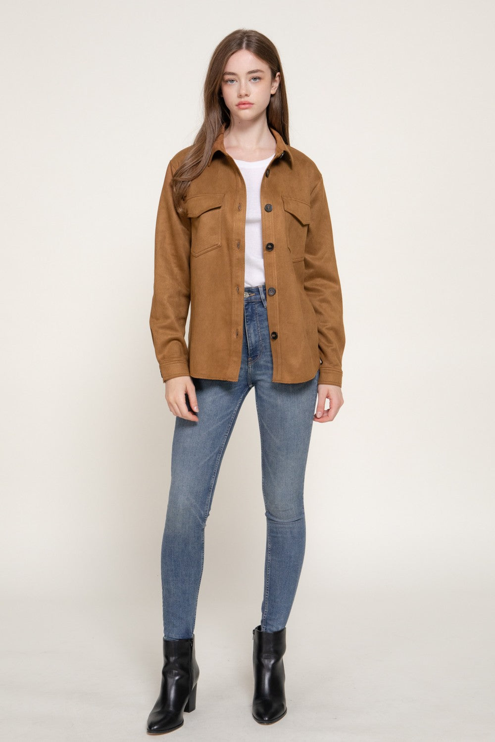 Long Sleeve Loose Fit Faux Suede Shacket