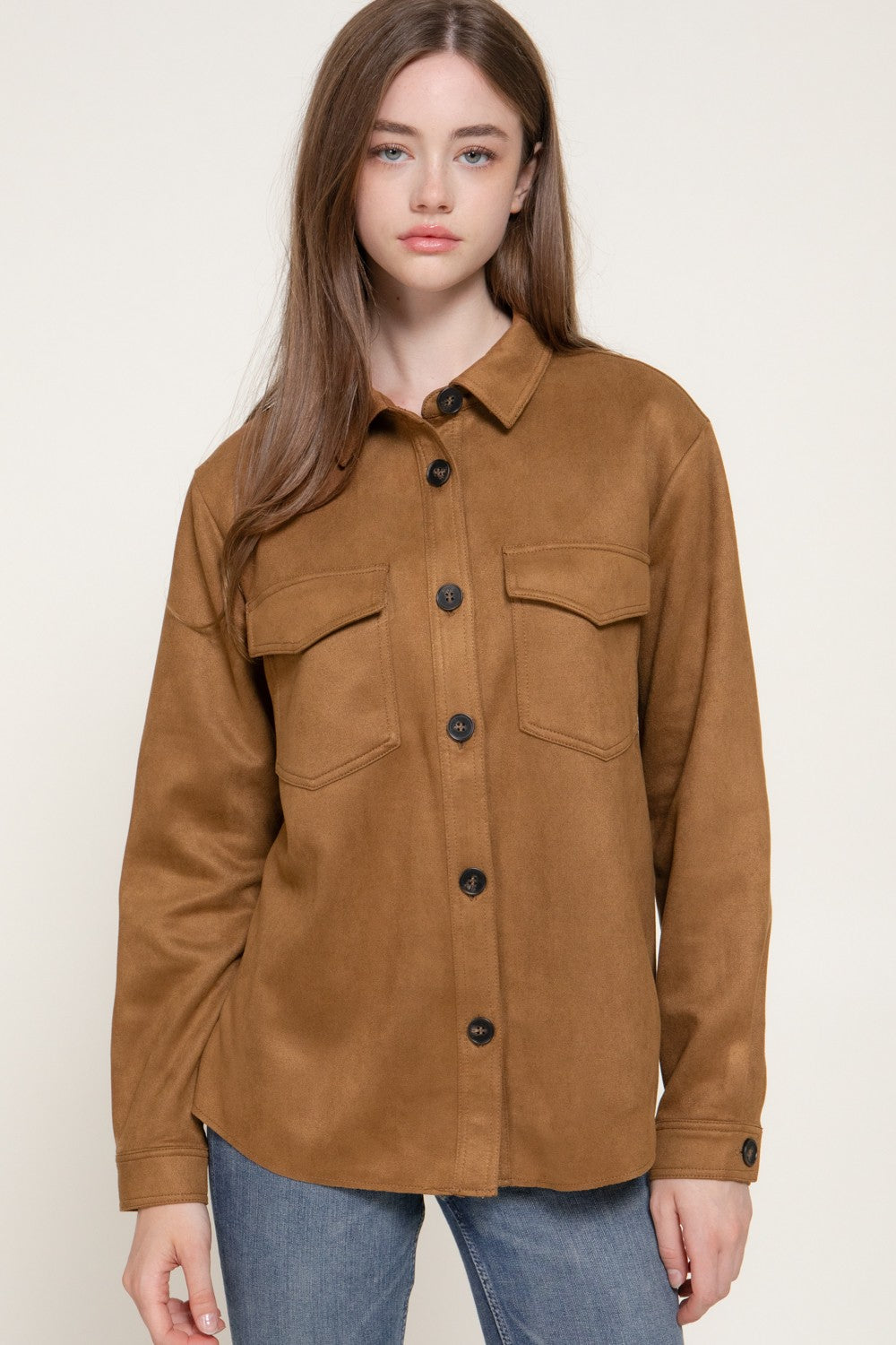 Long Sleeve Loose Fit Faux Suede Shacket