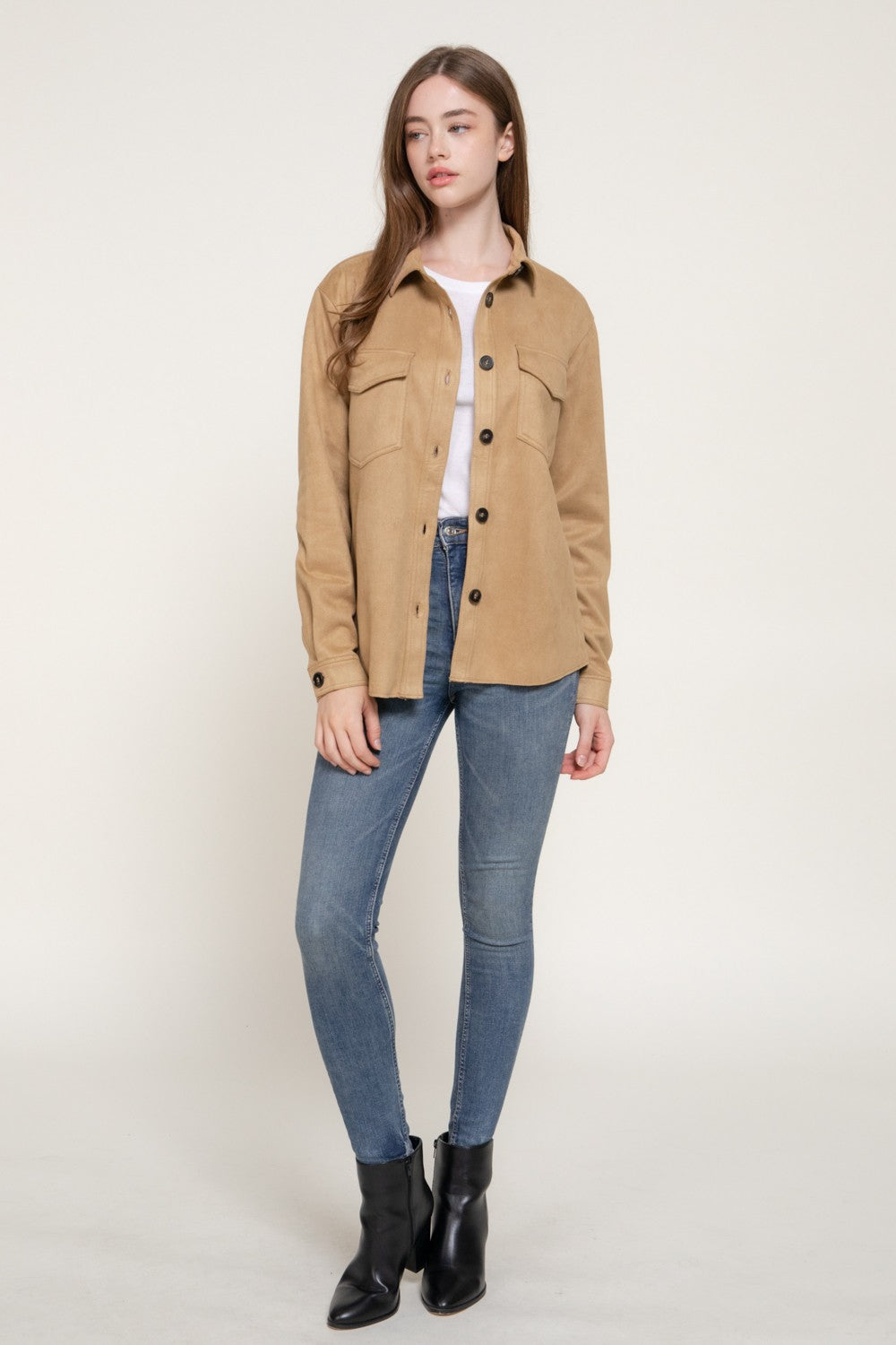 Long Sleeve Loose Fit Faux Suede Shacket