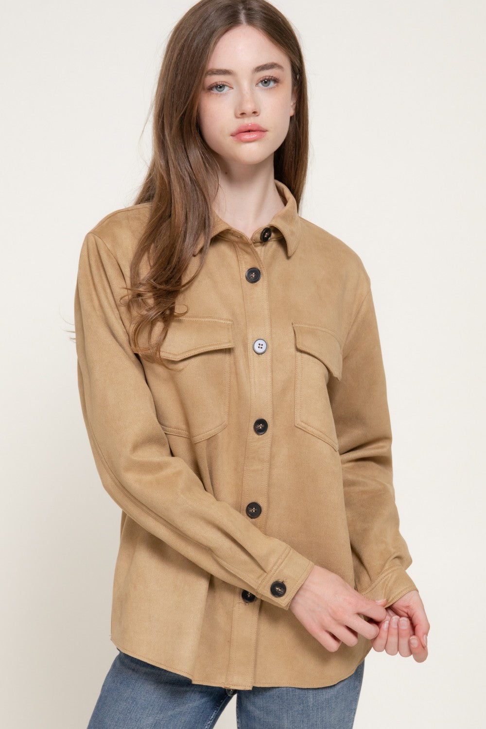 Long Sleeve Loose Fit Faux Suede Shacket