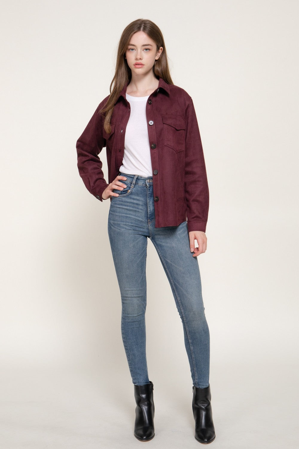 Long Sleeve Loose Fit Faux Suede Shacket