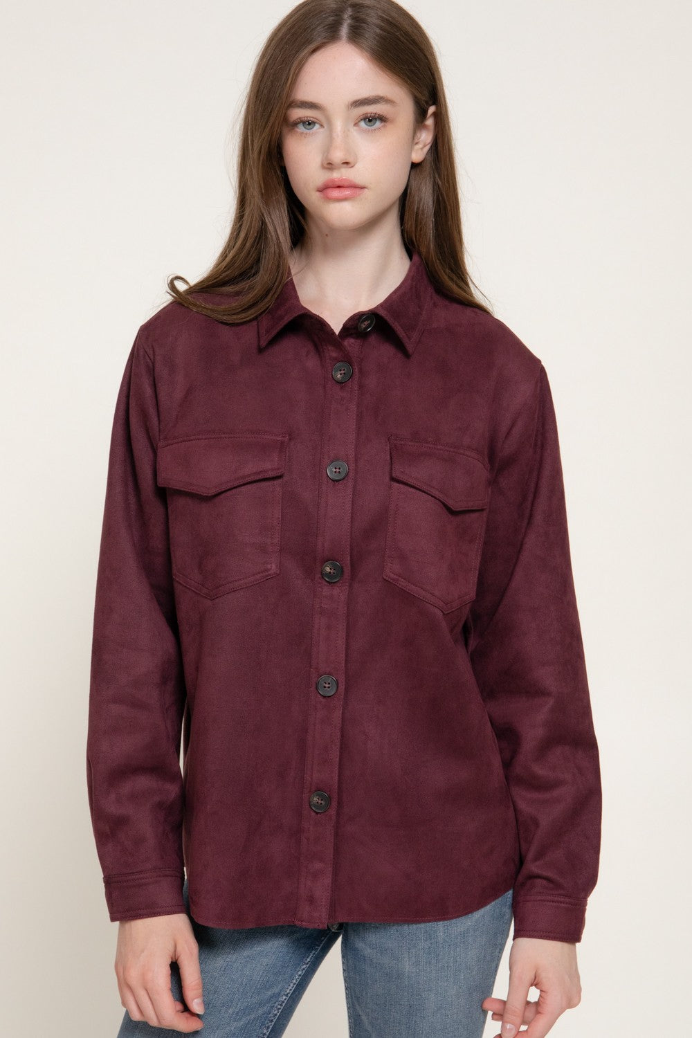 Long Sleeve Loose Fit Faux Suede Shacket