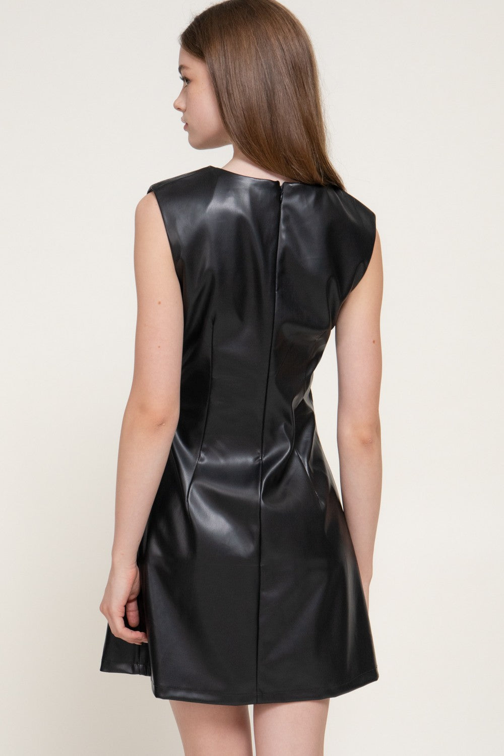 Sleeveless Ruched Faux Leather Mini Dress