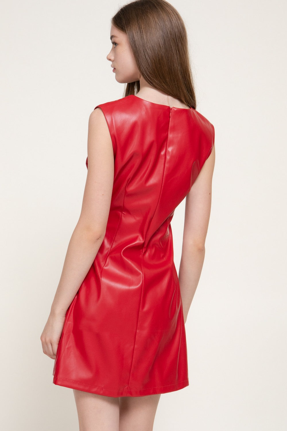 Sleeveless Ruched Faux Leather Mini Dress