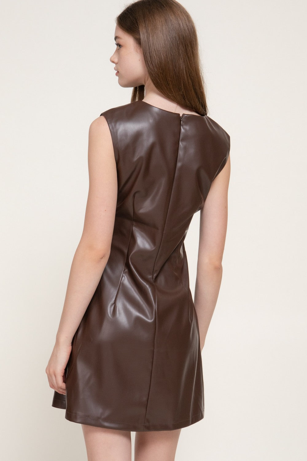 Sleeveless Ruched Faux Leather Mini Dress