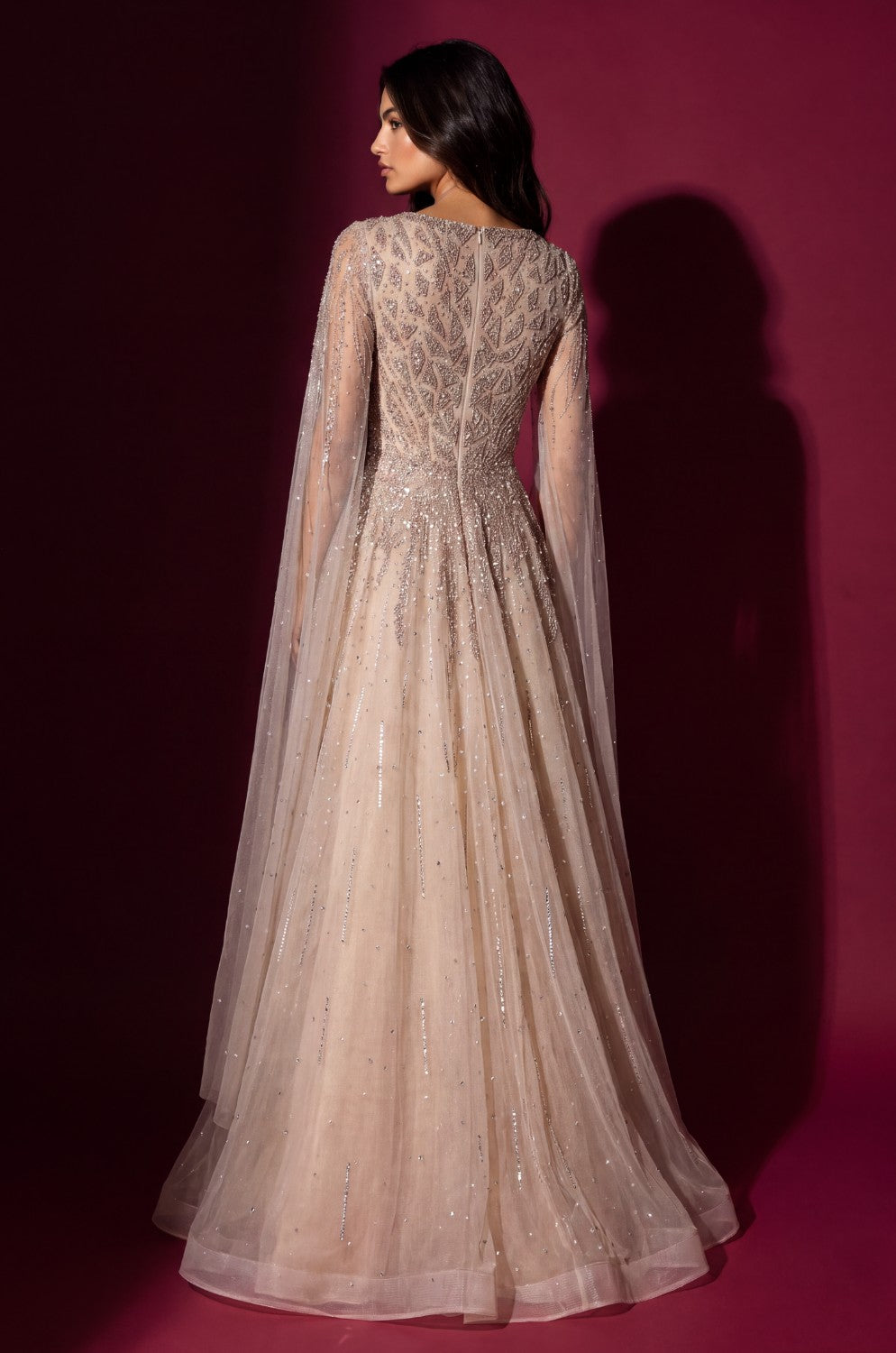 Formal Fully Beaded Cape Sleeve Couture Evening Gown