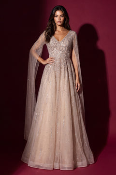 Formal Fully Beaded Cape Sleeve Couture Evening Gown
