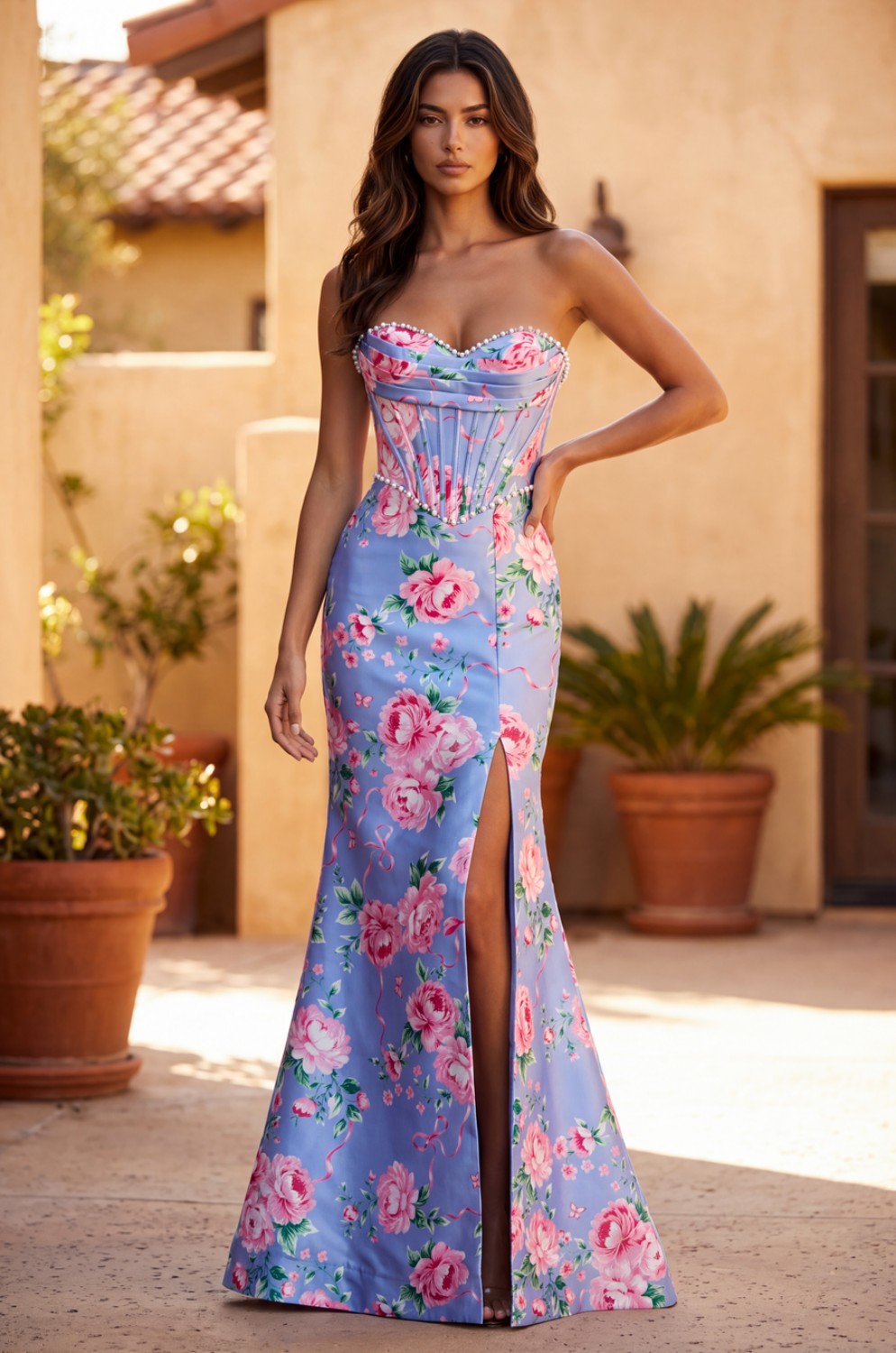 Formal Floral Satin Corset Prom Dress