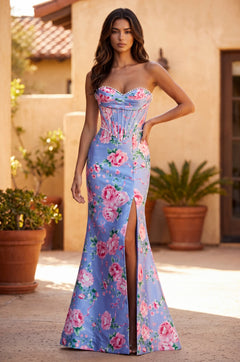 Formal Floral Satin Corset Prom Dress