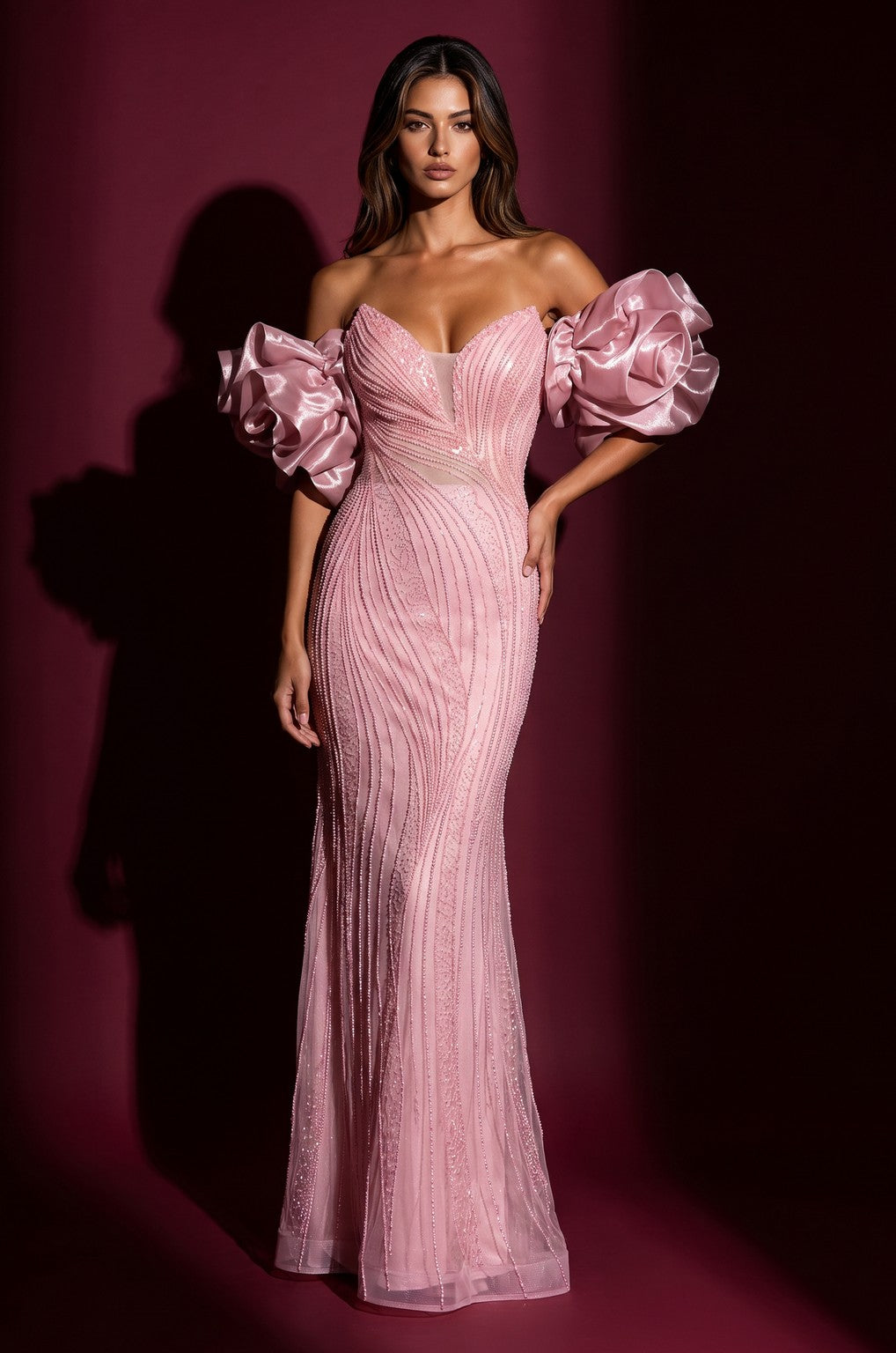 Formal Beaded Sequined Puff Sleeve Evening Gown