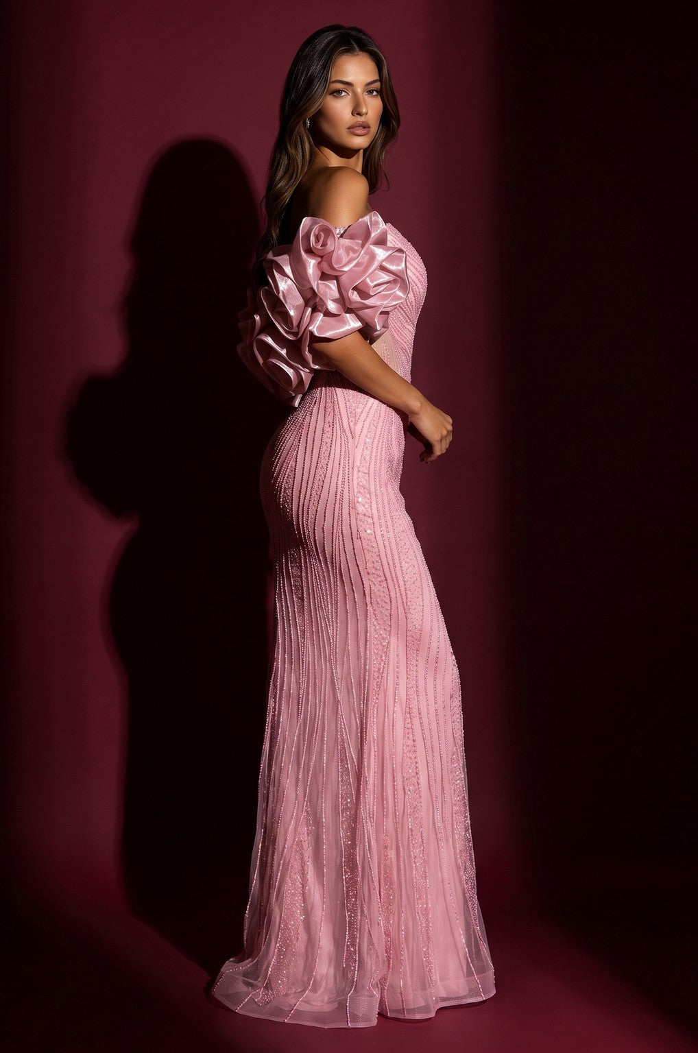 Formal Beaded Sequined Puff Sleeve Evening Gown