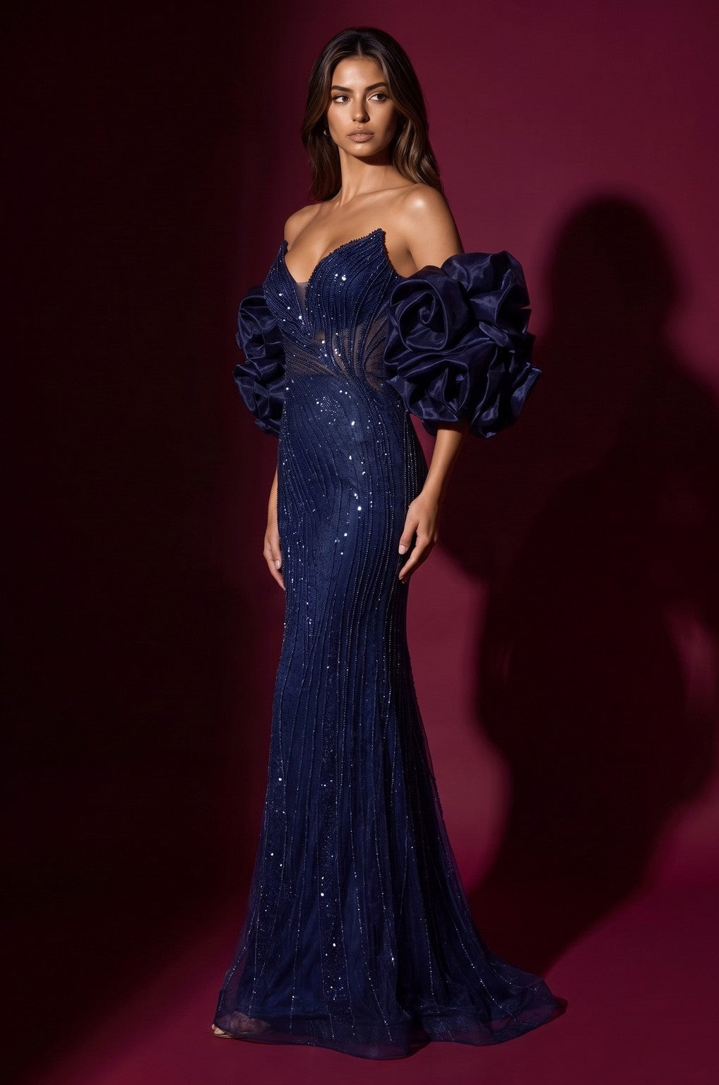 Formal Beaded Sequined Puff Sleeve Evening Gown
