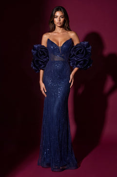 Formal Beaded Sequined Puff Sleeve Evening Gown