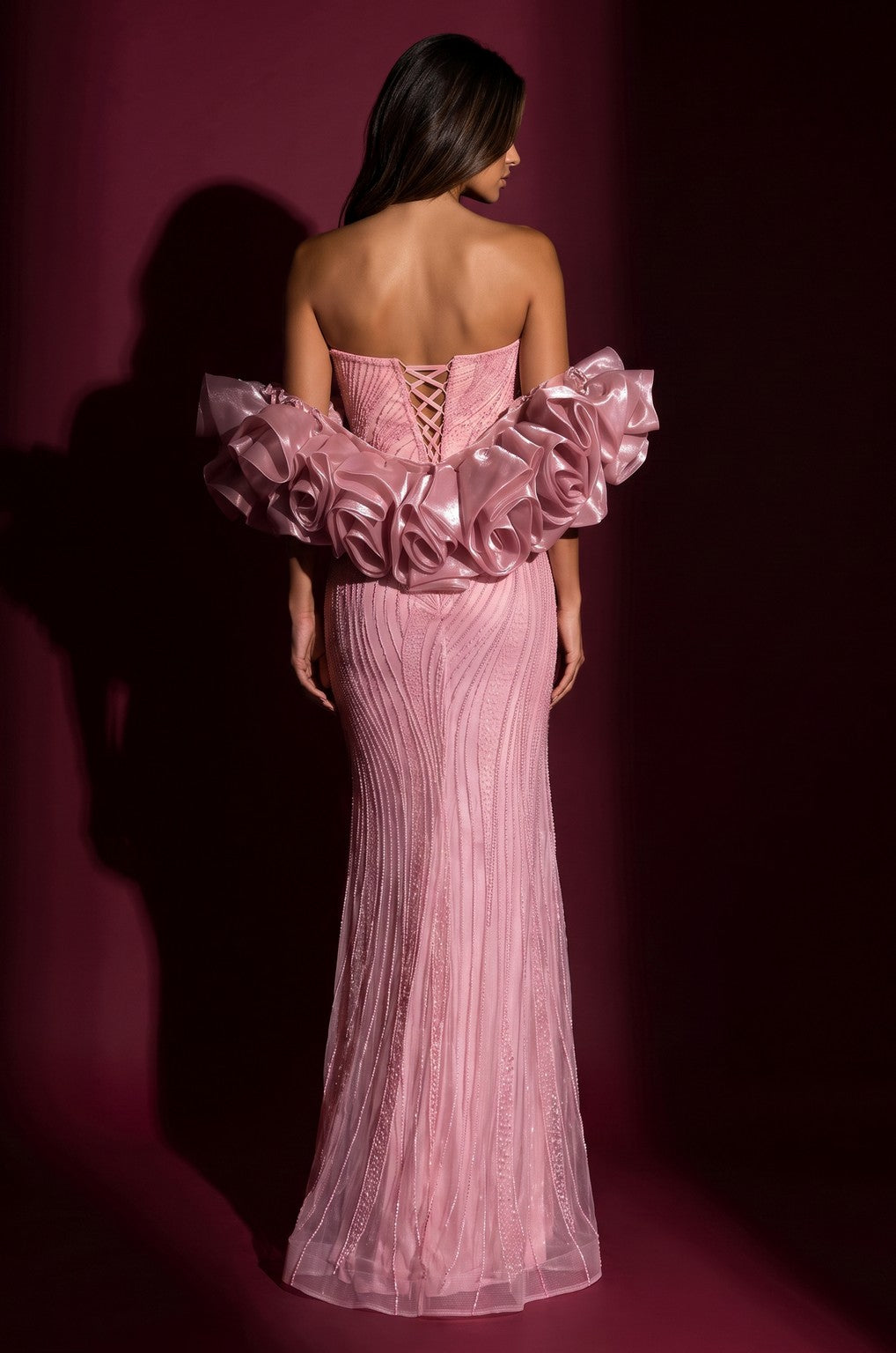 Formal Beaded Sequined Puff Sleeve Evening Gown