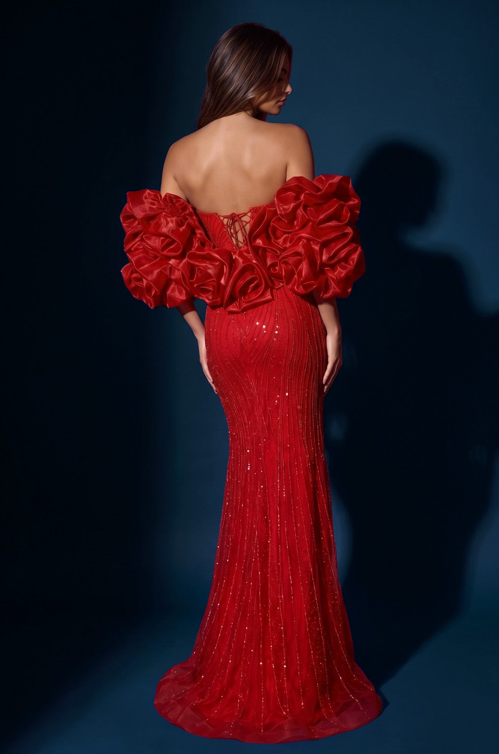 Formal Beaded Sequined Puff Sleeve Evening Gown