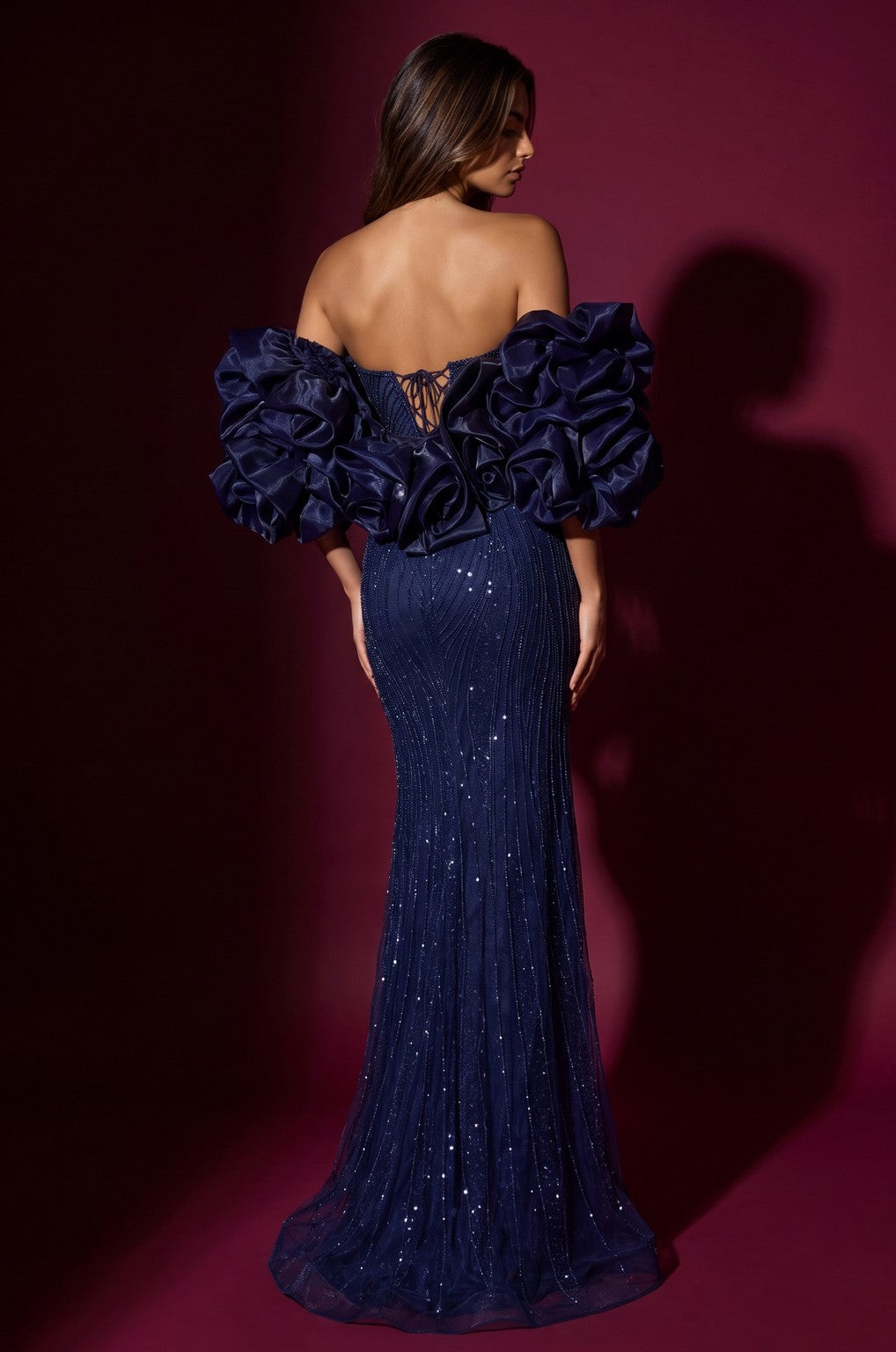 Formal Beaded Sequined Puff Sleeve Evening Gown