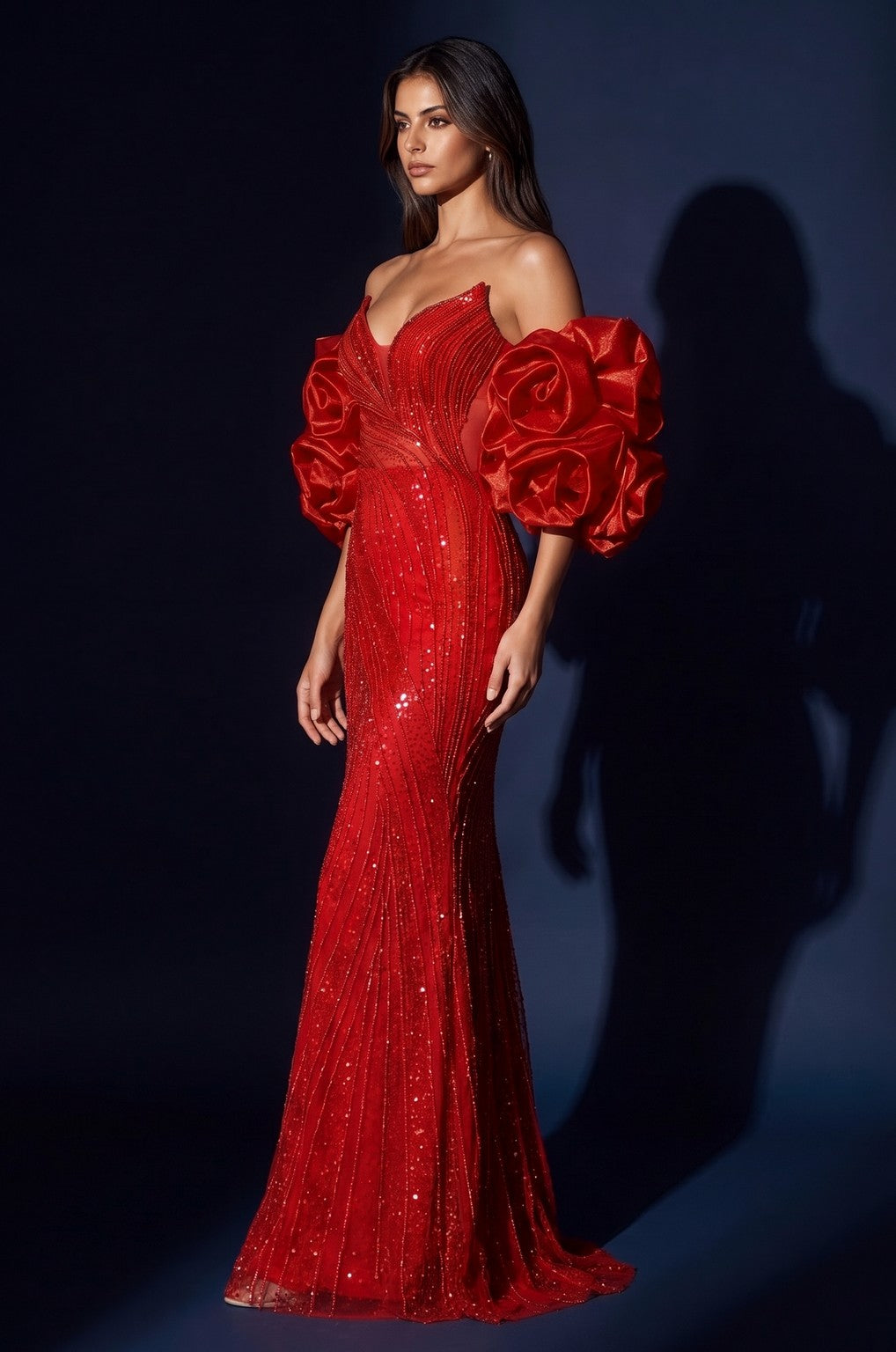 Formal Beaded Sequined Puff Sleeve Evening Gown