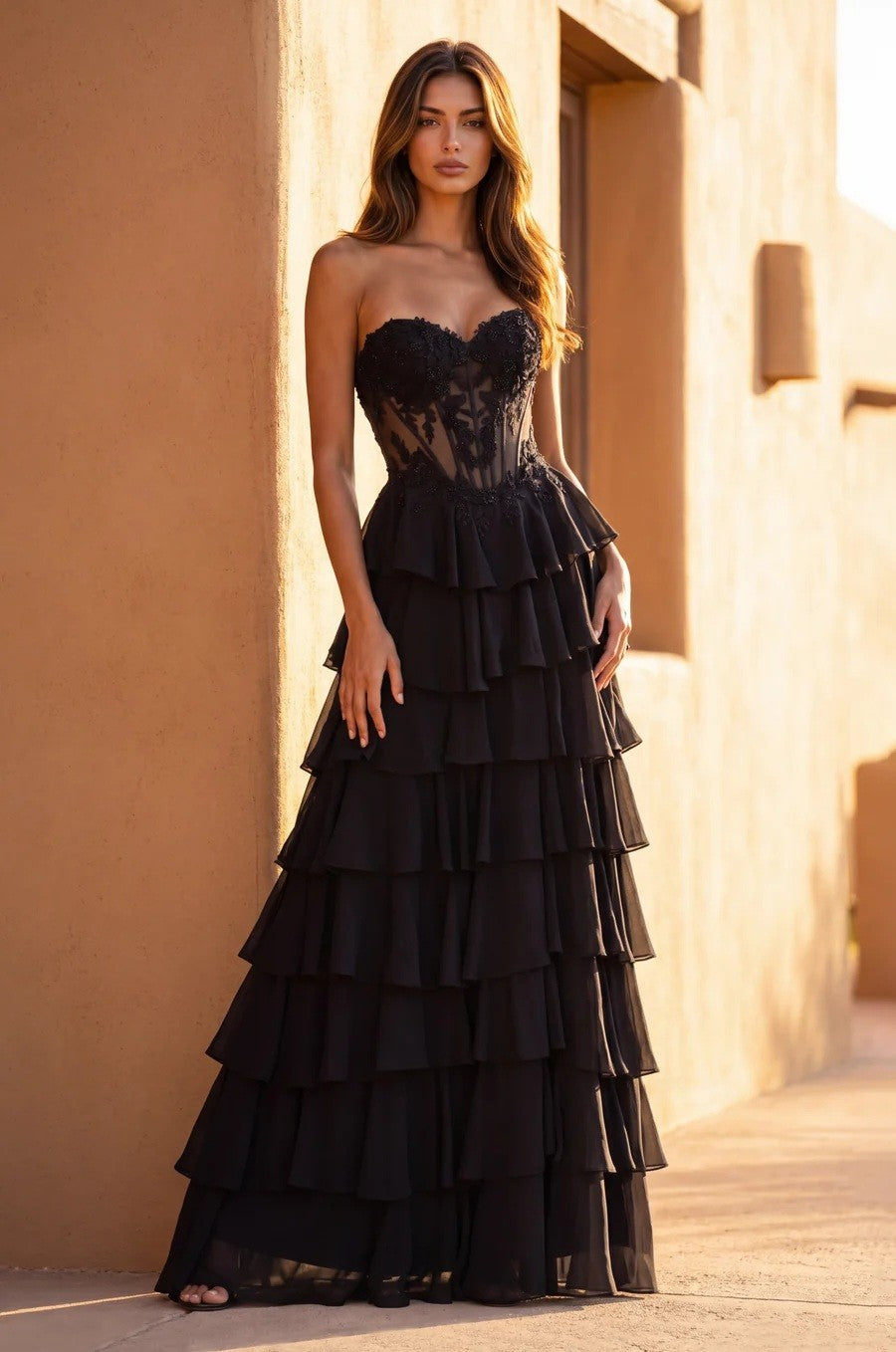 Formal Lace Corset Tiered Ruffle Evening Gown