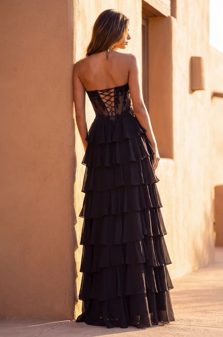 Formal Lace Corset Tiered Ruffle Evening Gown