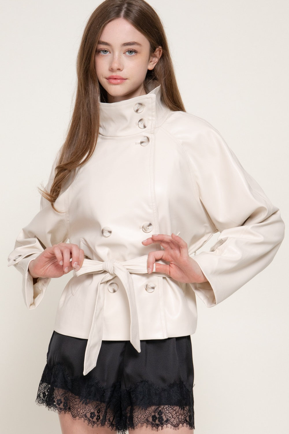 Long Sleeve High Neck Belted Aux Leather Jacket