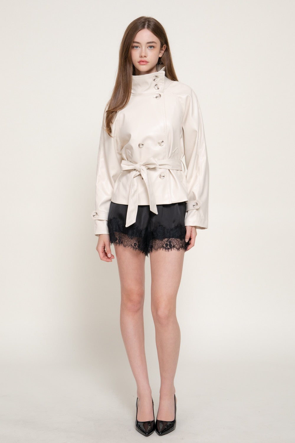Long Sleeve High Neck Belted Aux Leather Jacket