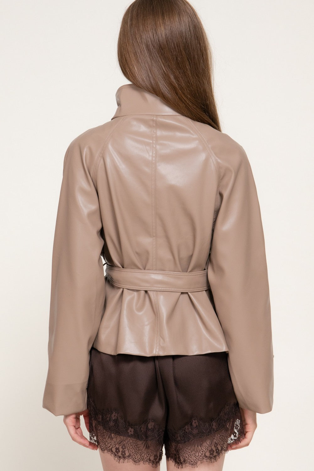 Long Sleeve High Neck Belted Aux Leather Jacket
