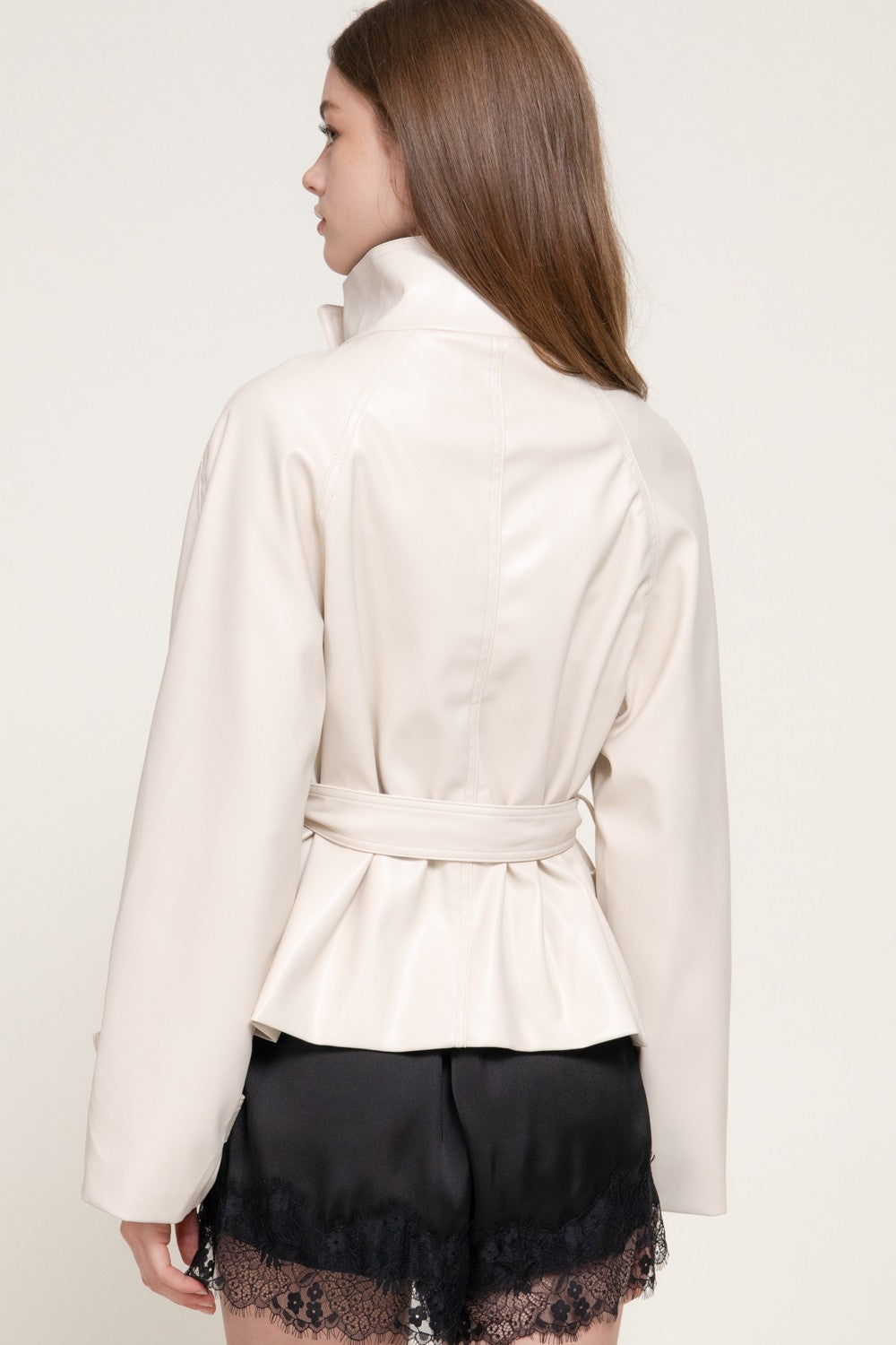 Long Sleeve High Neck Belted Aux Leather Jacket