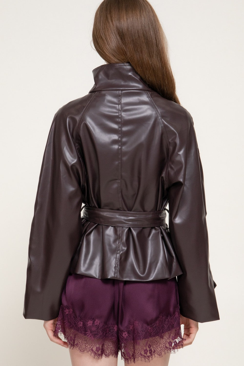 Long Sleeve High Neck Belted Aux Leather Jacket