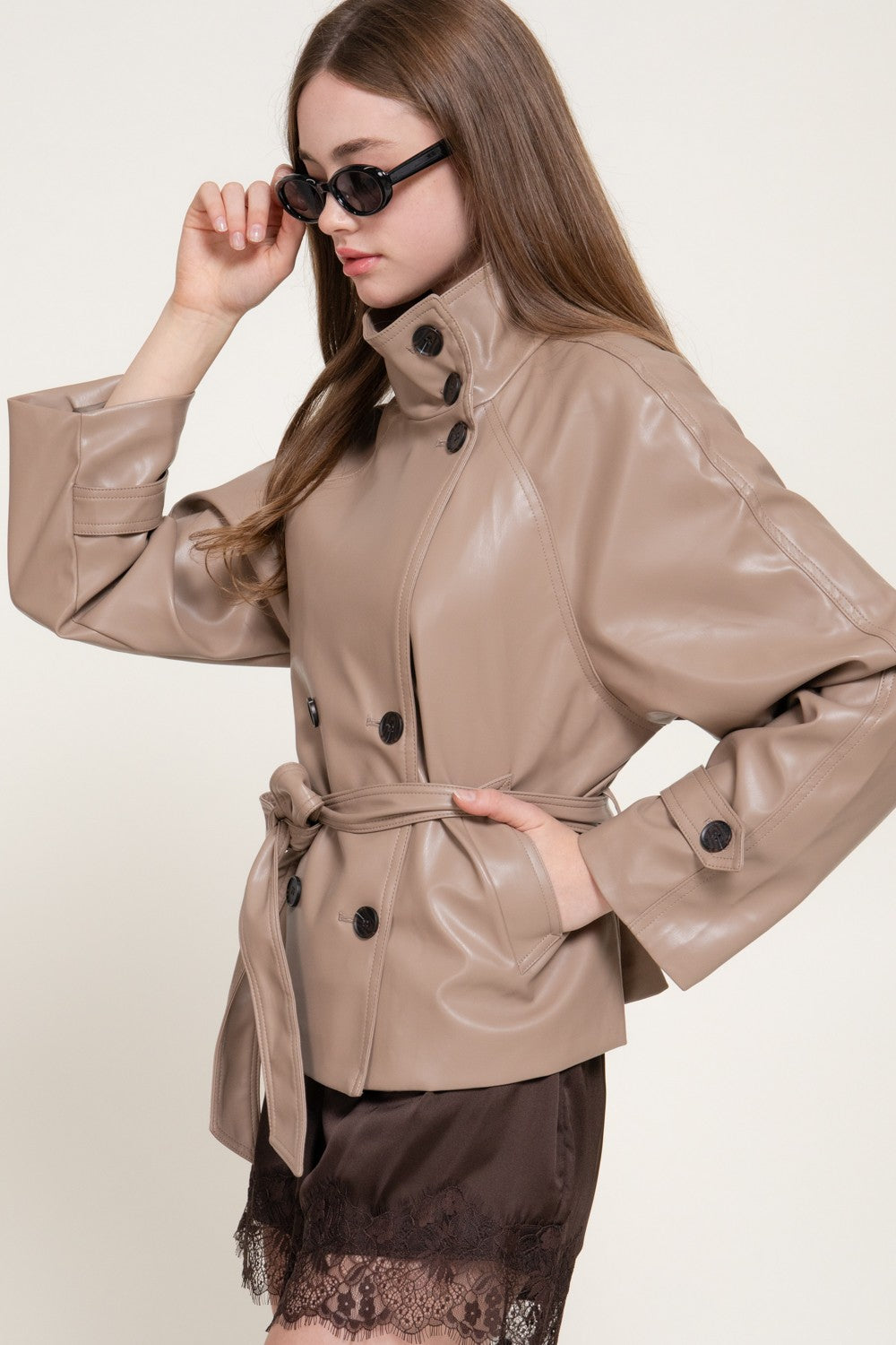 Long Sleeve High Neck Belted Aux Leather Jacket