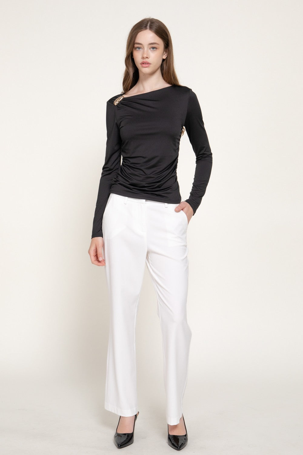 Long Sleeve Asymmetric Neck Knit Top