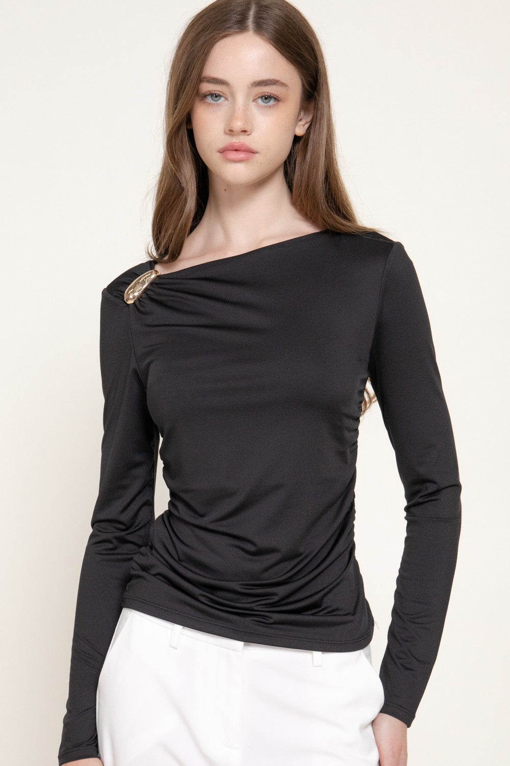 Long Sleeve Asymmetric Neck Knit Top