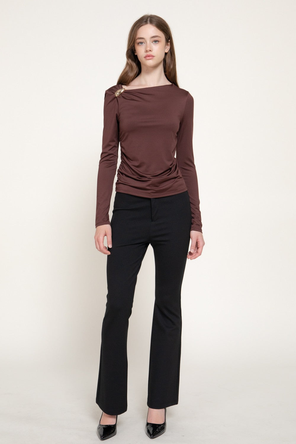 Long Sleeve Asymmetric Neck Knit Top
