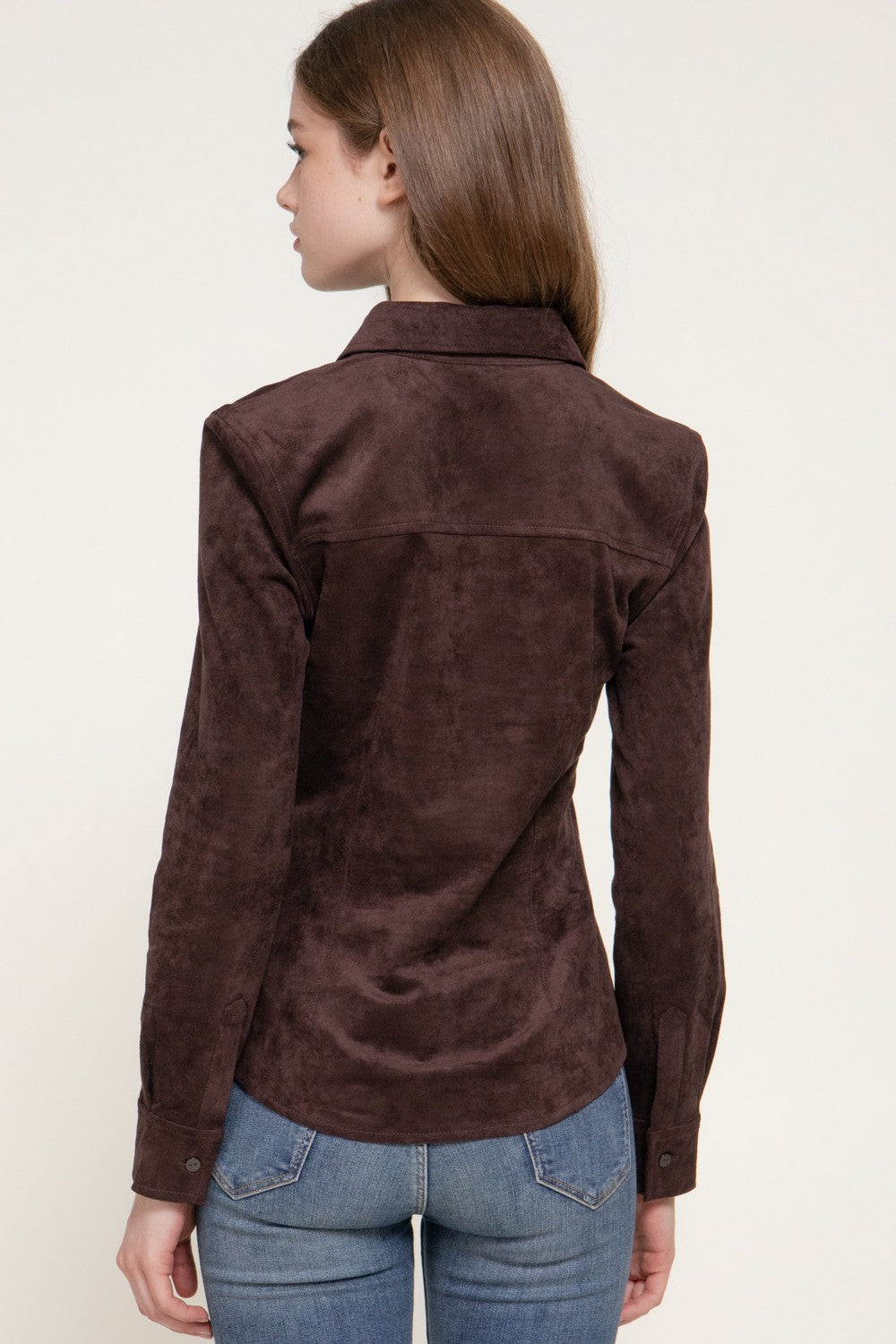 Long Sleeve Stretch Faux Suede Shirt