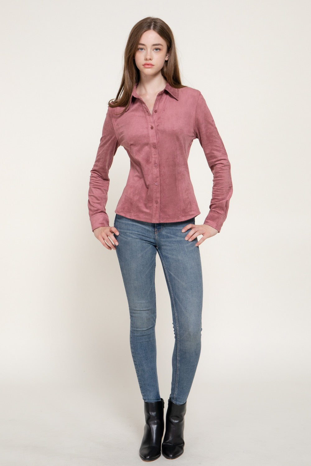 Long Sleeve Stretch Faux Suede Shirt