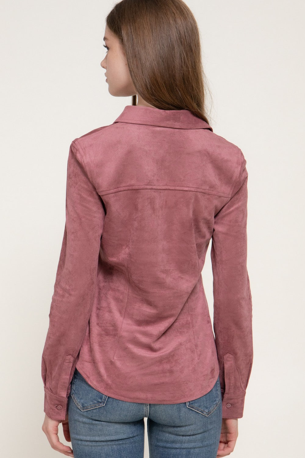 Long Sleeve Stretch Faux Suede Shirt