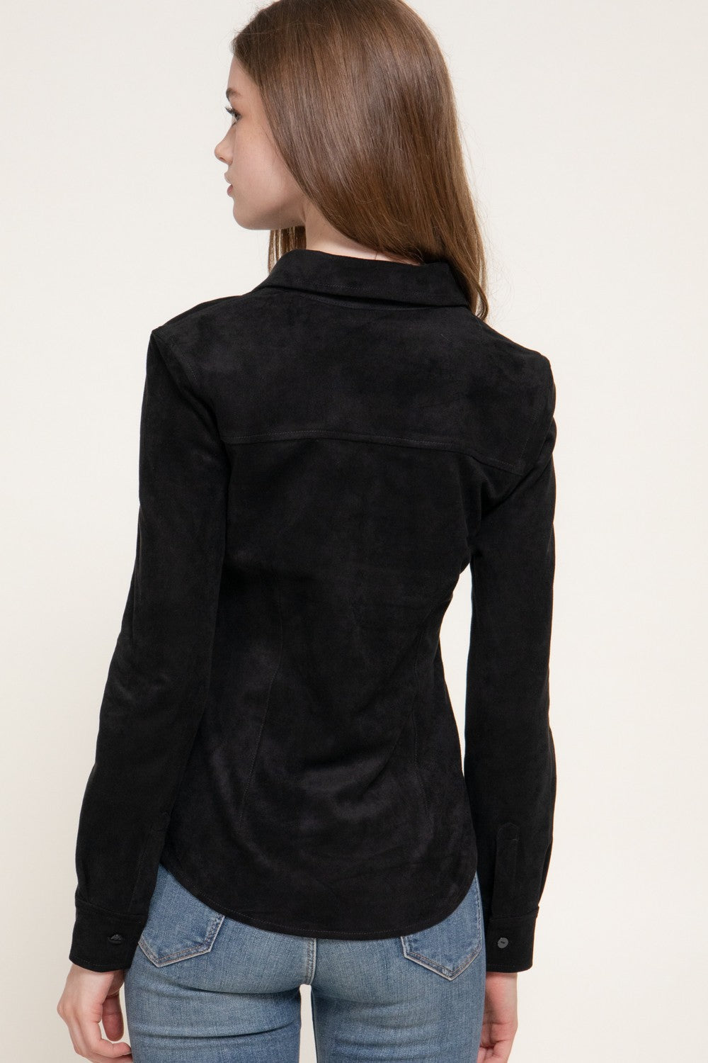 Long Sleeve Stretch Faux Suede Shirt