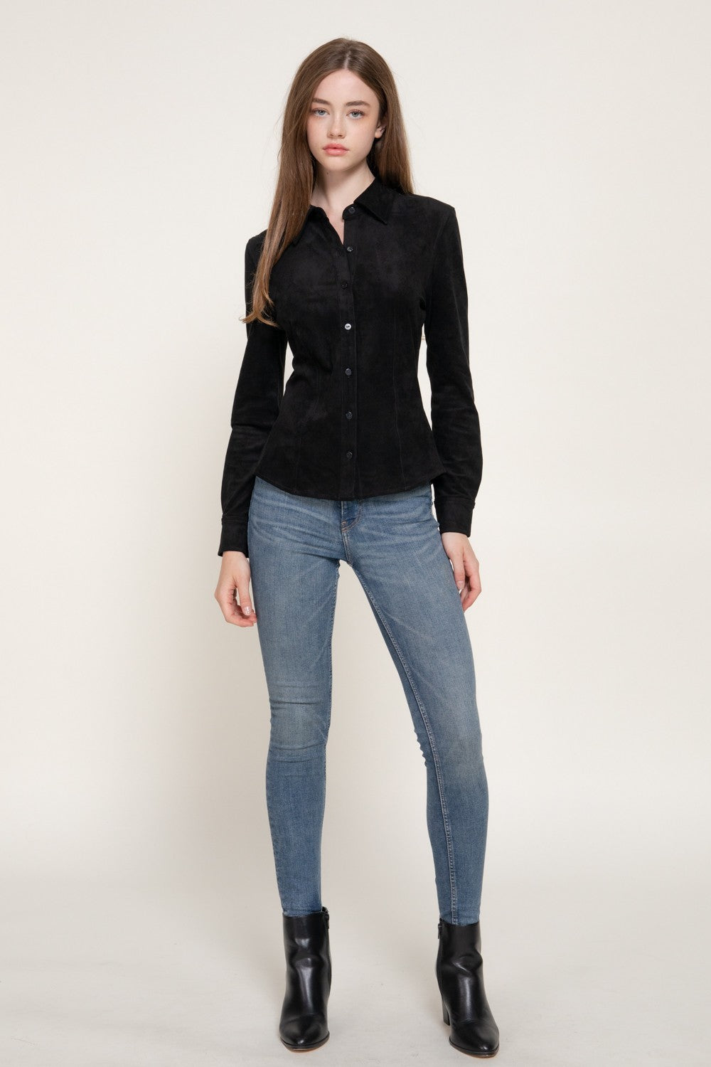 Long Sleeve Stretch Faux Suede Shirt