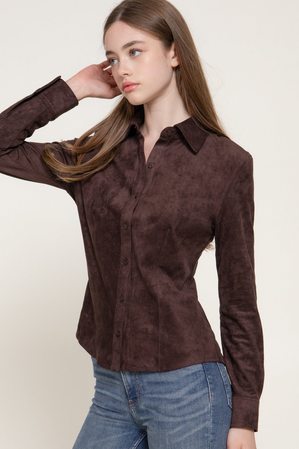 Long Sleeve Stretch Faux Suede Shirt