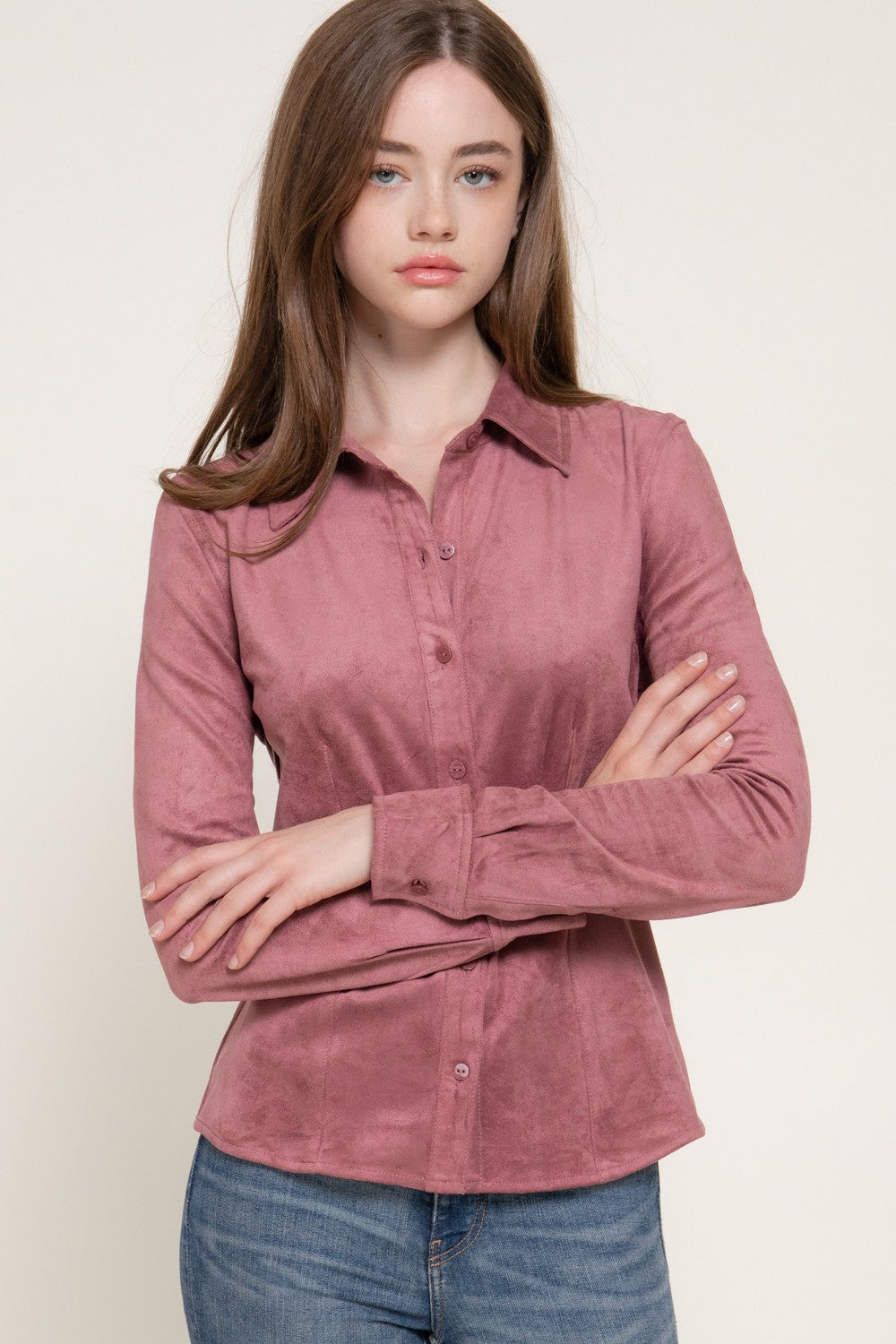 Long Sleeve Stretch Faux Suede Shirt