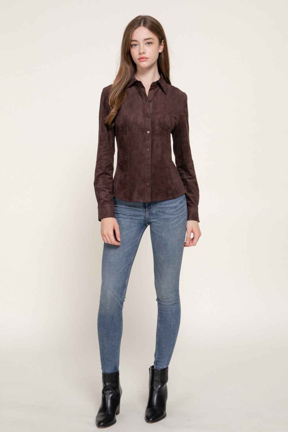 Long Sleeve Stretch Faux Suede Shirt