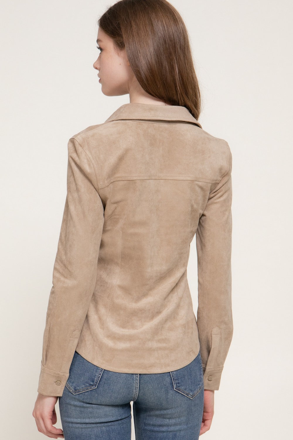 Long Sleeve Stretch Faux Suede Shirt