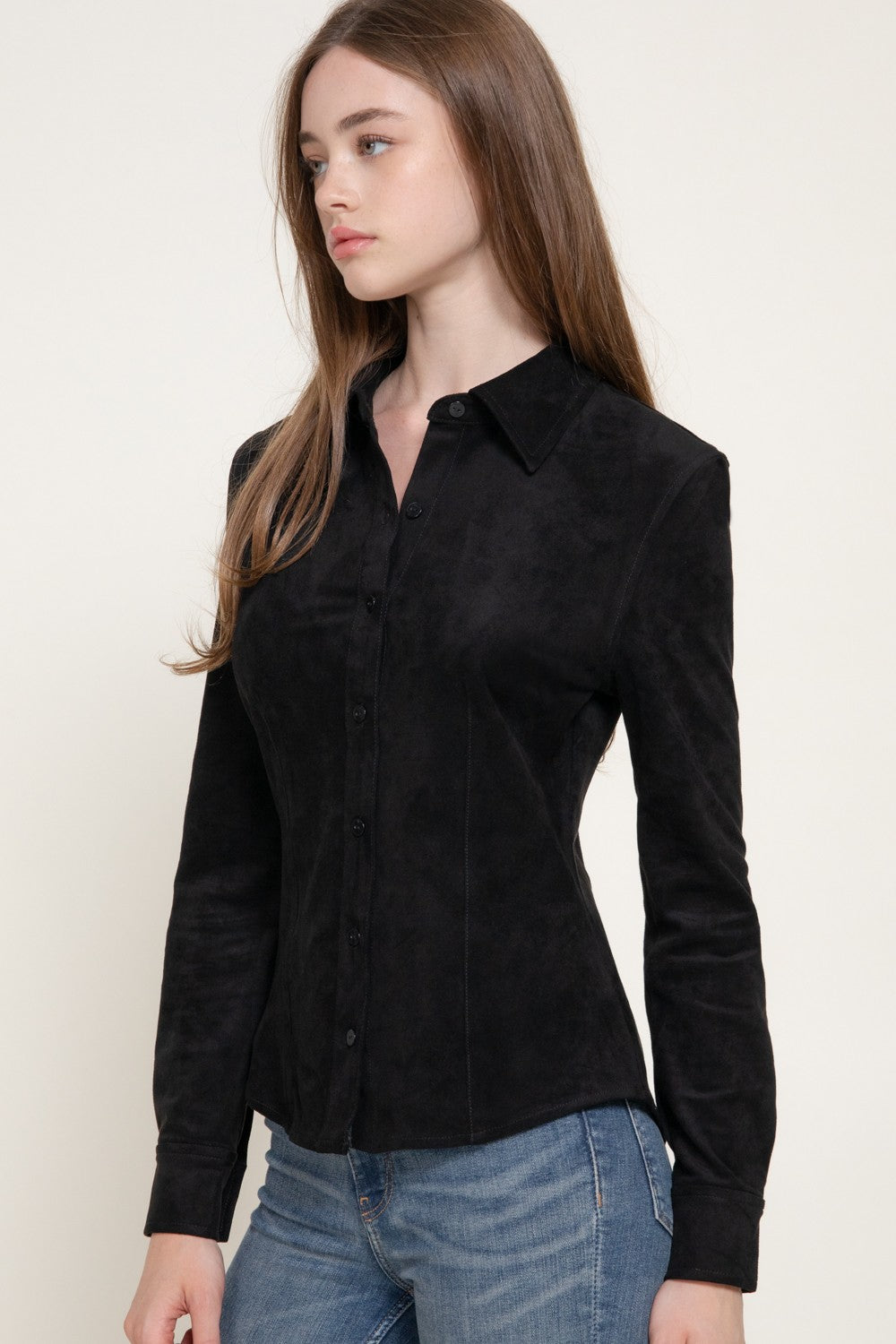Long Sleeve Stretch Faux Suede Shirt